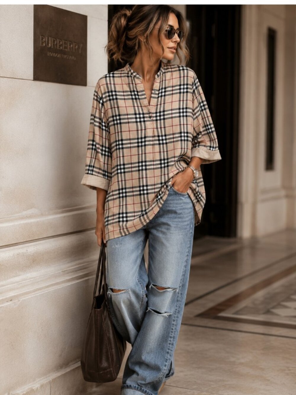 Burberry Beige Plaid Button-Down Shirt